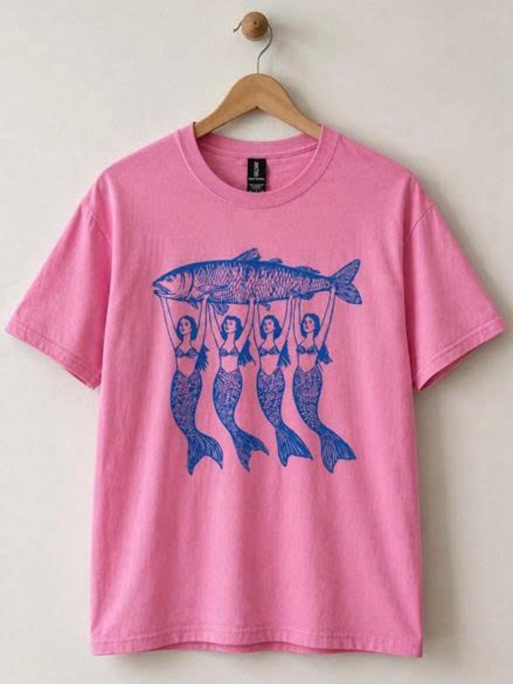 Pink Tee with Blue Mermaid & Fish Graphic